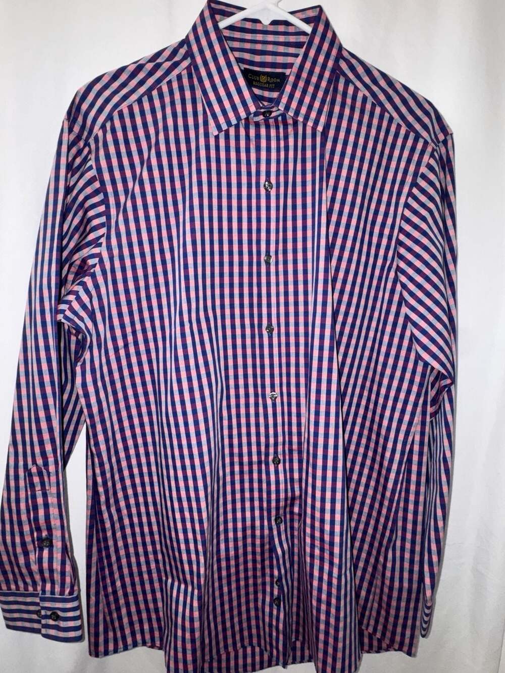 Club Room Men's Regular Fit Pink and Navy Blue Plaid Long Sleeve Dress Shirt